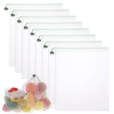 8er Set Mesh-Gemüsebeutel mit Kordelzug, waschbar, transparent