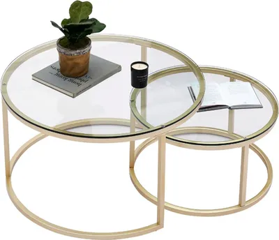 Imagen del producto de Happyment – Juego de 2 mesas auxiliares de diseño – Estilo rústico – Mesas de centro redondas – Dorado/Vidrio – 80 cm y 60 cm – Para sala de estar