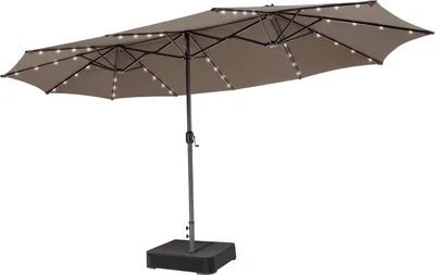 Image de Parasol double COSTWAY 450 x 260 cm avec pied, manivelle et LED solaires, parasol de jardin UPF 50+ marron