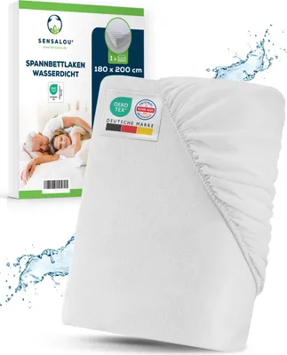 Produktbild von Sensalou Spannbettlaken 180x200 cm, für Matratzen bis 25 cm Höhe, weiß, wasserdicht, 100% Frottee Baumwolle, für Allergiker, Asthmatiker & Bettnässer, strapazierfähig