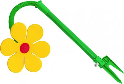 A green garden sprinkler with a yellow flower attachment.