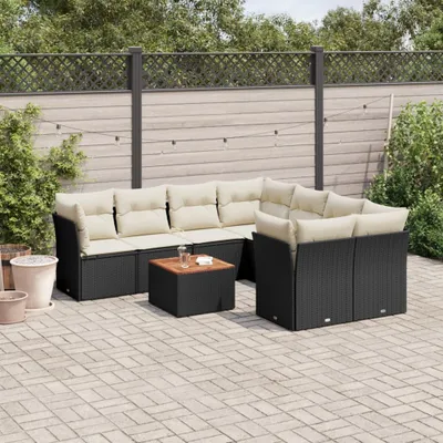 Produktbild von Design 9-tlg. Garten-Sofagarnitur mit Kissen Schwarz Poly Rattan, Gartenmöbel-Sets 2024 Neu