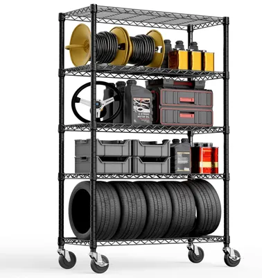 Produktbild von Metallregal mit Rollen – 5 Ebenen, verstellbare Ablagen – Schwarz