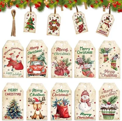 Produktbild von Weihnachtsetiketten - 50 Kraft Papieretiketten - Mit Baumwollzöpfen und verschiedenen Mustern