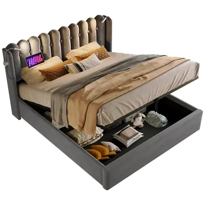 Produktbild von okwish Polsterbett 140x200 cm, Doppel-Leselampe mit Ladefunktion, Bettgestell mit Stauraum am Kopfteil, Samt-Jugendbett 140x200 cm mit Lattenrost, grau (Matratze nicht im Lieferumfang enthalten)