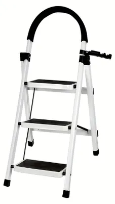 Image de Escalier pliant - Marchepied à 3 marches - Capacité de charge jusqu'à 150 kg - Marches antidérapantes - Structure métallique - Dimensions : 37 x 50 x 96 cm - Blanc