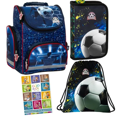 Produktbild von Schulranzen für Jungen, 4er-Set - Schul-Rucksack für Kinder mit Federmäppchen - Schuhbeutel und Hausaufgabenheft - Fußball Motiv