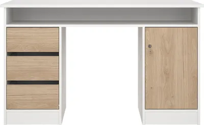 Produktbild von FunctionPlus Schreibtisch 1 Ablage, 1 Tür, 3 Schubladen weiß, Eichen-Nachbildung.