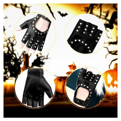Produktbild von Punk Handschuhe mit Nieten, halbfinger, fingerlos, für Damen und Mädchen, Lederhandschuhe für Halloween und Cosplay