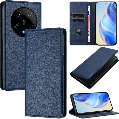 Produktbild von Litchi Leder Handyhülle für Xiaomi 14 Ultra Wallet Kartenfächer Standfunktion Hülle Blau