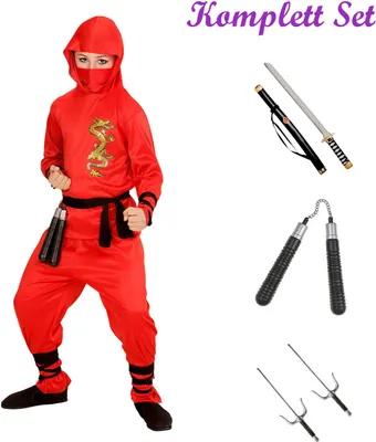 Produktbild von ROTES NINJA KOSTÜM KOMPLETTSET KINDER + Schwerter,  Nunchaku # Gr. 140