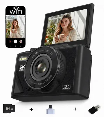 Image de Appareil photo numérique - Appareil photo compact - 64 MP - Écran orientable - Carte SD de 64 Go - Autofocus - Objectif grand-angle et objectif macro - 5K Ultra HD