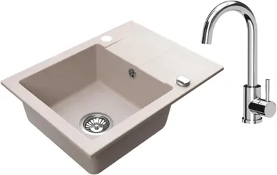 Produktbild von VBChome Granitspüle 59 x 44 cm Beige mit Armatur Einzelbecken Einbauspüle Reversibel Gesprenkelt Pflegeleichtes Spülbecken mit Siphon