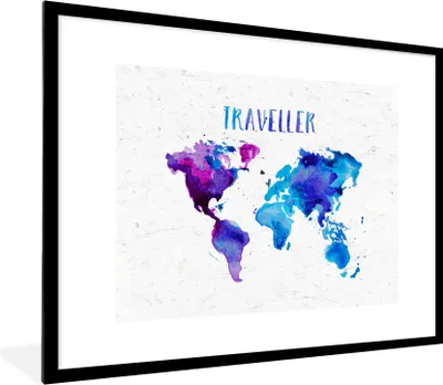 Produktbild von MuchoWow® Gerahmtes Poster Karte - Aquarellfarbe - Text 80x60 cm - Poster mit Schwarzem Bilderrahmen Wandposter Rahmen Foto Bilder - Schlafzimmer-Dekorationen - Fotoposter