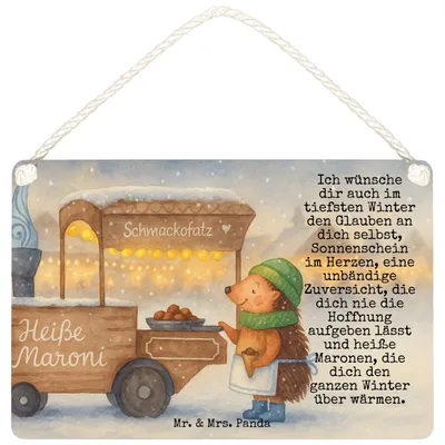 Produktbild von Mr. & Mrs. Panda Schild Igel Maronen Design DIN A5 - Weiß - Geschenk, Wandbild Holz, Duft, kleine aufmerksamkeit, wandhänger, Weihnachten, Kastanien, Weihnachtsmarkt