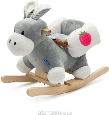 A plush donkey rocking toy on a wooden base, shown against a white background.