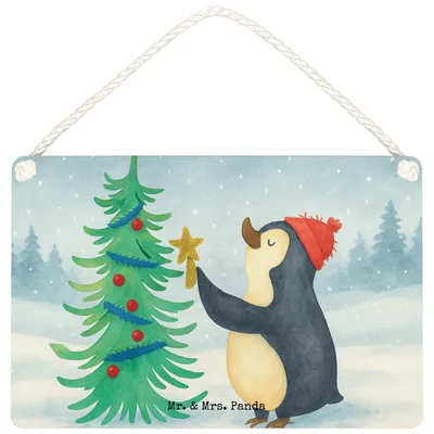 Produktbild von Mr. & Mrs. Panda Schild Pinguin Weihnachtsbaum Design DIN A6 - Weiß - Geschenk, sprüche, Türschild, Weihnachten, holzbild, Holzschild, Winter, wandtafel