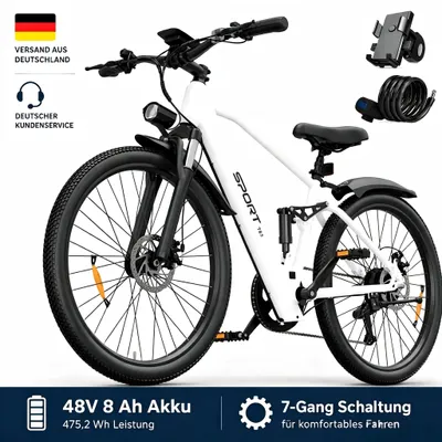 Produktbild von PiXELPiLOT T8S E Bike, Trekking E-Bikes Doppelte Federung, 250W Pedelec, 48V 8Ah Akku, Shimano 7-Gang, LED-Licht, LCD Display