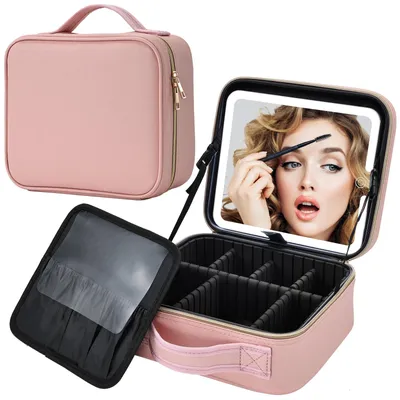 Produktbild von Schminktasche - Reise Kosmetikkoffer mit LED Spiegel - 3 Lichtmodi - Kunstleder - 26×22×12 cm - Rosa