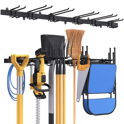 Produktbild von Garagen Gerätehalter 51 Zoll, Metall Wandhaken 12 Haken Werkzeugregal Wand Werkzeughalter für Garagen Keller Werkstatt Besen Rechen Werkzeug Organizer (Schwarz)