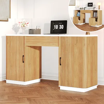 Imagen del producto de Escritorio de altura ajustable MODFU, 140x50x92 cm, mesa de ordenador con espacio de almacenamiento oculto, 2 cajones y diseño de listones, ideal para el teletrabajo, con aspecto de roble