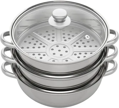 Produktbild von Edelstahl Dampfgarer Set mit Glasdeckel und Dämpfern für Gemüse und Kartoffeln, induktionsgeeignet, großer Suppentopf, 3 Etagen
