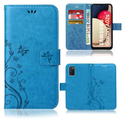 Produktbild von Handy Tasche für Samsung Galaxy A02s / M02s  Schutz Hülle Handyhülle mit Blumenmuster Klapp Hülle mit Standfunktion und Kartenfächer Blau