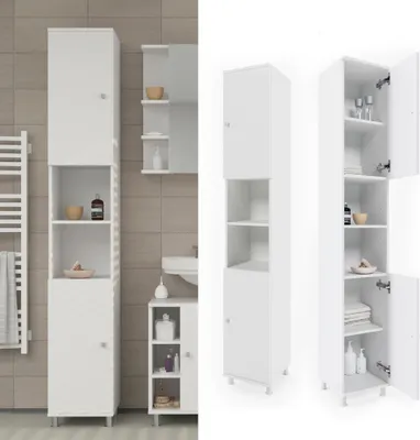 A collage of images showing a white bathroom cabinet from different angles and in a bathroom setting.