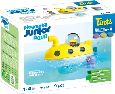 The image shows the packaging of a Playmobil Junior Aqua submarine toy set, with the toy itself prominently displayed in a water setting.