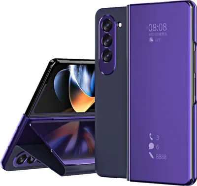 Produktbild von Hülle für Samsung Galaxy Z Fold 5 Lichtdurchlässigen Spiegel Abdeckung, Klappetui Ständer Kunstleder Schutzhülle Lila