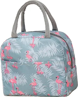 Imagen del producto de Bolsa de almuerzo aislada, de gran capacidad, con estampado de flamenco, portátil, de cierre grueso, ideal para llevar al colegio o al trabajo. Color: gris con estampado de flamenco