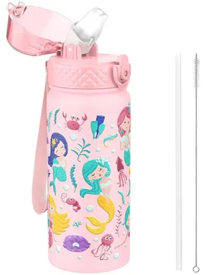 Productafbeelding van Drinkfles voor kinderen, 550 ml, roestvrij staal, met rietje, lekvrij, BPA-vrij, roze, met zeemeermotief