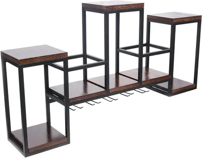 Immagine prodotto di Portavino da parete - Porta bottiglie di vino - Porta bottiglie - Porta bicchieri da vino - Scaffale in legno massello - Con struttura in metallo nero