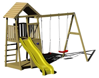Produktbild von Wendi Toys Holz Spielturm Pinguin inkl. Rutsche, Kletterwand, 2 Schaukeln & Sandkasten Natur 280x340x270 cm