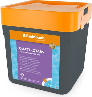 Produktbild von Steinbach | Poolpflege Quattrotabs | langsamlöslich | 200g Tabs | 5 kg | ideal für langanhaltende Wasserhygiene | pflegt zuverlässig und effizient | geeignet für Pools jeder Größe.