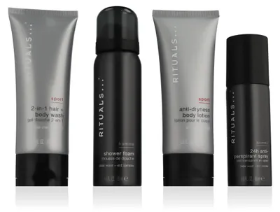Obrázek produktu pro Sprchová pěna 50ml/2-in1 Hair And Body Wash 70ml/Tělové mléko 70ml/Antiperspirant Spray 50ml Rituals Homme Pánská sada pro péči o tělo