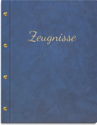 Produktbild von Zeugnismappe im blauen Einband in Marmoroptik, mit hochwertiger Beschriftung in gold – handgefertigte Mappe inkl. 12 Sichthüllen