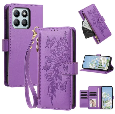 Produktbild von Handyhülle für Honor X8B, Wallet Case Kunstleder mit Kartenfächern, Reißverschluss und Handschlaufe Lila