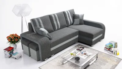 Produktbild von Robin York Ecksofa mit Schlaffunktion 2x Bettkasten 2x Kleine Kissen 2x Hocker Sofa L-Form Schlafsofa Freistehende Eckcouch Schlafcouch Wohnzimmermöbel Wohnlandschaft Rechts Grau