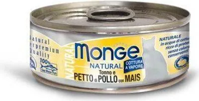 Imagen del producto de MONGE NATURAL, alimento húmedo para gatos con atún, pechuga de pollo y maíz, 80 g