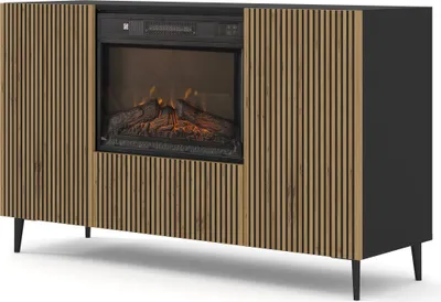 Produktbild von Kommode RAVENNA F 140 cm 2D1K mit elektrischem Kamin SCHWARZ MATT / ARTISAN EICHE auf schwarzen Beinen