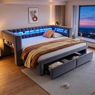 Produktbild von okwish Polsterbett 90/180×190 mit einer Matratze und Ausziehbett,Tagesbett mit Schubladen und LED,Kinderbett USB und Typ-C,Dunkelgrau