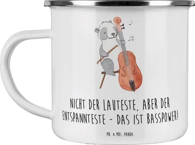 Produktbild von Mr. & Mrs. Panda Emaille Tasse Bassgitarre Entspannt - Weiß - Geschenk, blechbecher, Becher, Musik, Bassist, Teetasse, Musiker, Lautstärke, Lernen, Instrumente, Pott