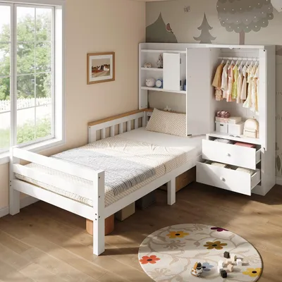 Productafbeelding van Kinderbed met kledingkast, 90x200 cm, eenpersoonsbed met opbergruimte, lades en open planken, wit, zonder matras