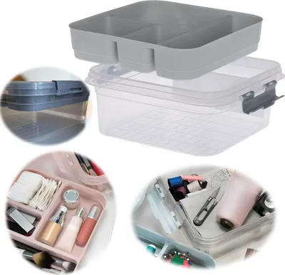 Produktbild von LS-LebenStil Sortierbox Aufbewahrungsbox 26cm Grau Stapelbox mit Deckel Kosmetik Organizer Nähkasten Einsatz für Nähzubehör Kosmetik Make-Up 4 Fächer