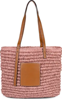 Produktbild von styleBREAKER Korbflecht Schultertasche aus Papierstroh mit Kunstleder Details | Damen Shopper Basttasche geflochten mit Reißverschluss | Strandtasche 43 x 34 x 4 cm