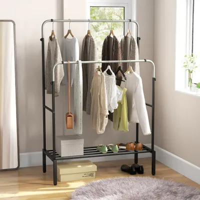 Produktbild von COSTWAY Doppelter Kleiderständer mit verstellbaren Höhen, robuster Metall-Kleiderständer zum Aufhängen von Kleidung, freistehender Kleiderorganisator für Schlafzimmer, Schwarz + Silber