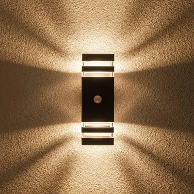 Produktbild von LUMILED Außenwandleuchte mit Bewegungsmelder Wandlampe Außenleuchte Wand GU10 Fassung (max. 12W LED) IP54 Wandleuchter oben und unten Terrasse Fassade rechteckig Kunststoff