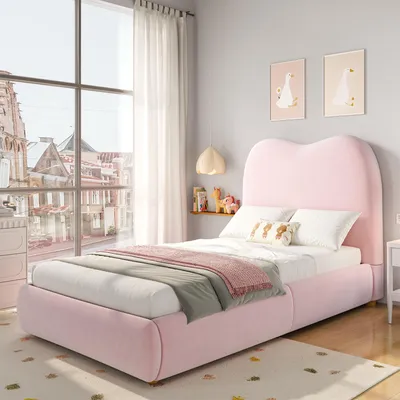Image de Lit rembourré 90 x 200 cm en velours rose, lit pour enfant et adolescent avec coffre de rangement hydraulique, tête de lit intégrée, sommier à lattes de 11 cm d'épaisseur