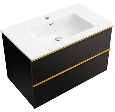 Image de VitrocéramiqueO - Meuble de salle de bains Velora - noir mat, poignée dorée + lavabo en céramique Novo - blanc brillant - 101 x 54,5 x 46,5 cm